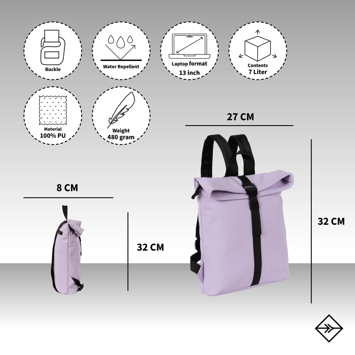 Mart Los Angeles 7L Rolltop Backpack Water-Repellent Mini Backpack
