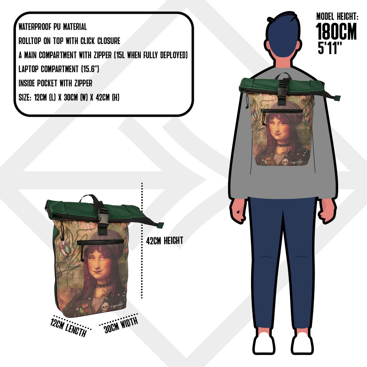 New Rebels Mart Art Backpack 16L Mona Lisa Water Repellent