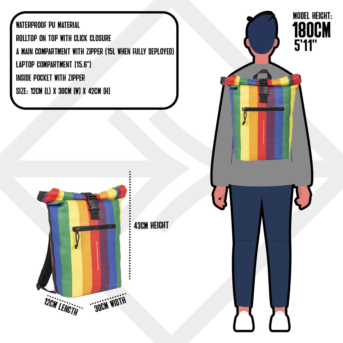 Mart  Rolltop  Rugzak - Waterafstotend  Regenboog Rainbow  Large II  Rugtas