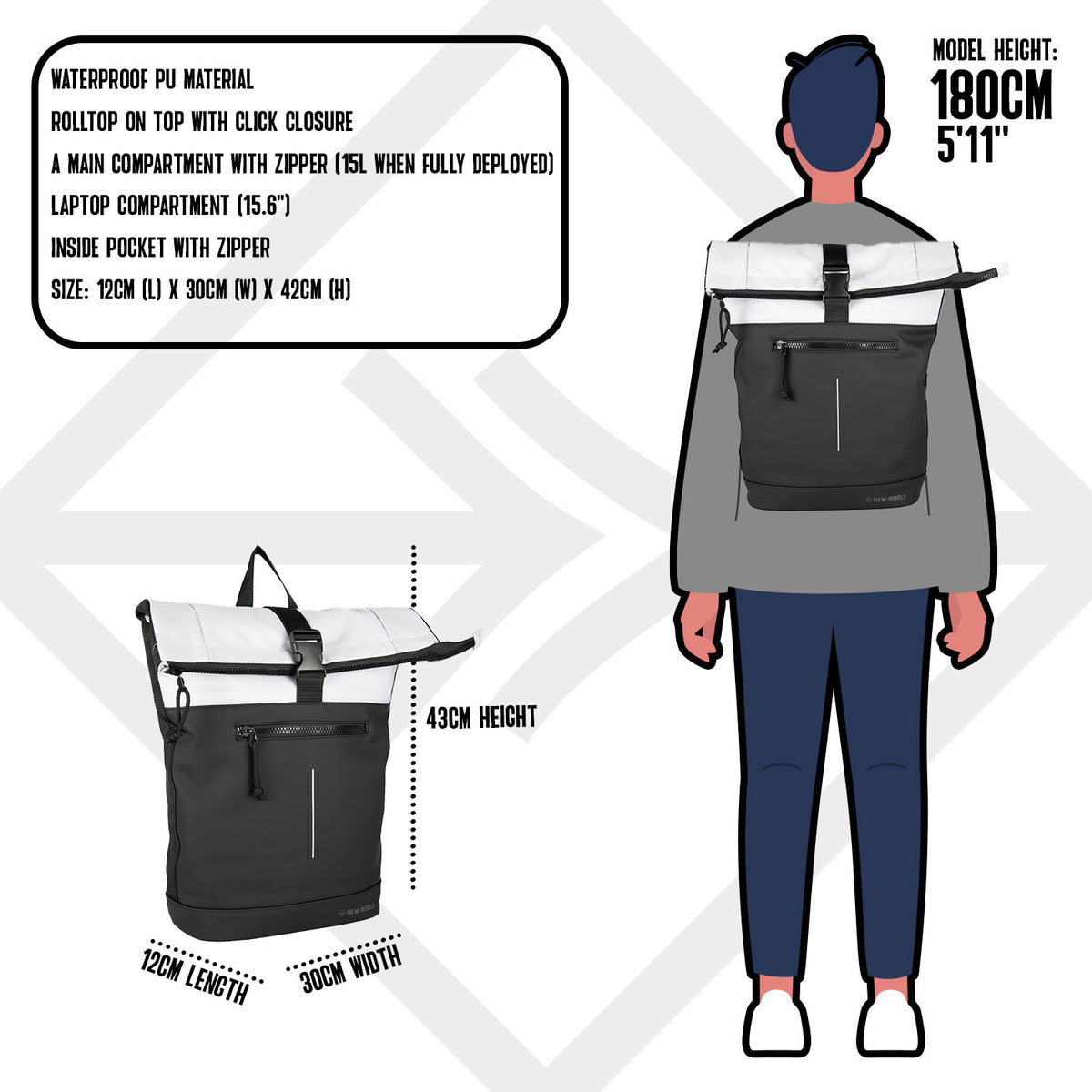 Backham New York 21L Rolltop Rugzak Waterafstotend Laptop 15.6"